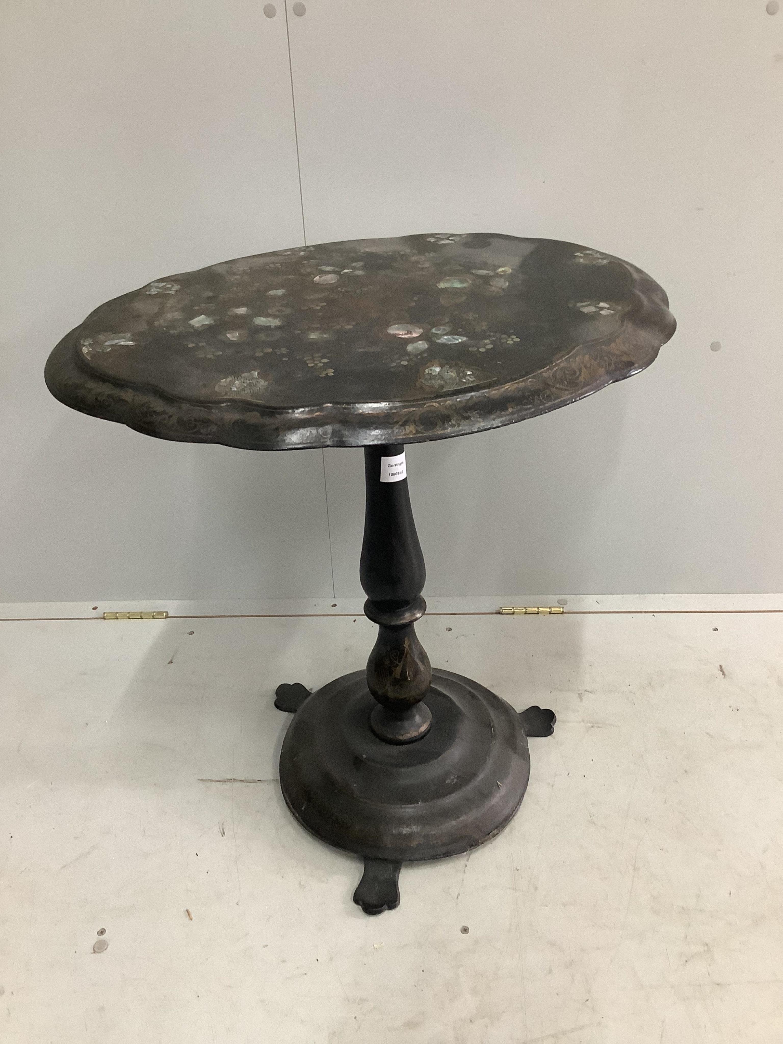 A Victorian mother of pearl inlaid painted papier mache tilt top table, width 64cm, depth 53cm, height 69cm. Condition - poor to fair